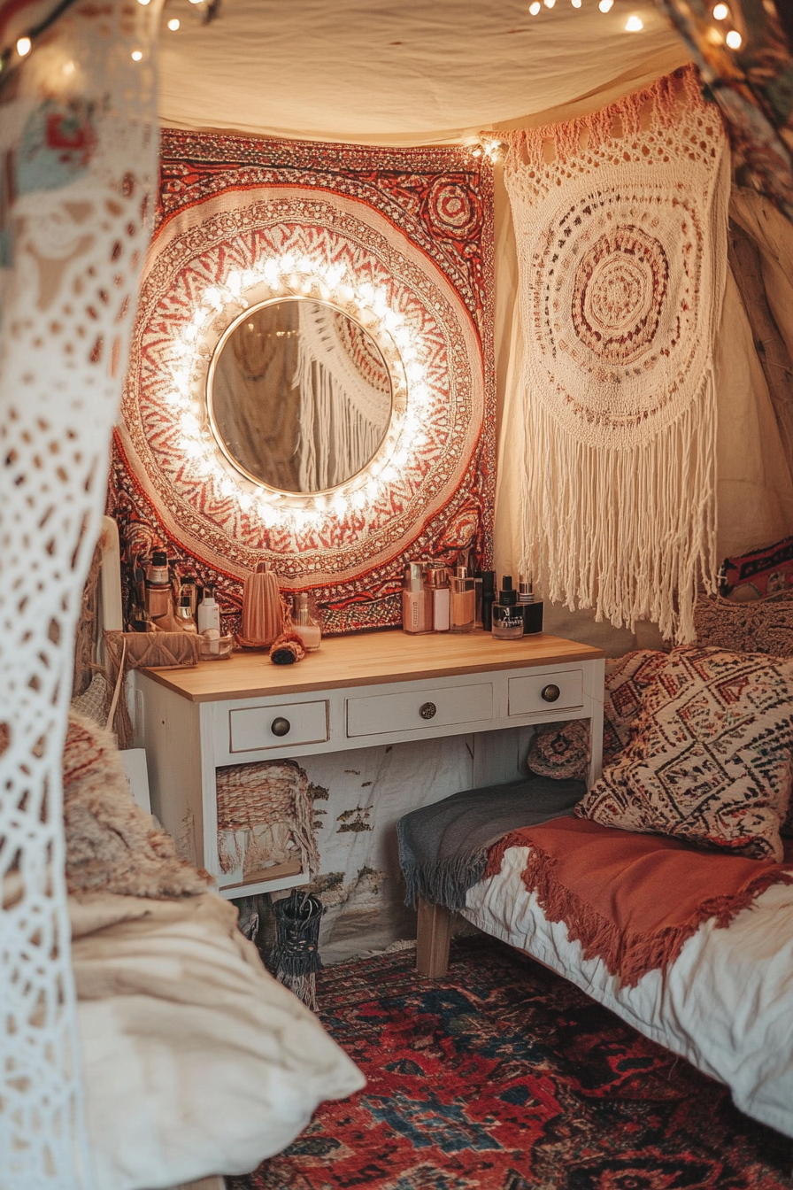 Bohemian Van Vanity. Ring light over ethnic patterned fabric backdrop with macrame makeup storage.