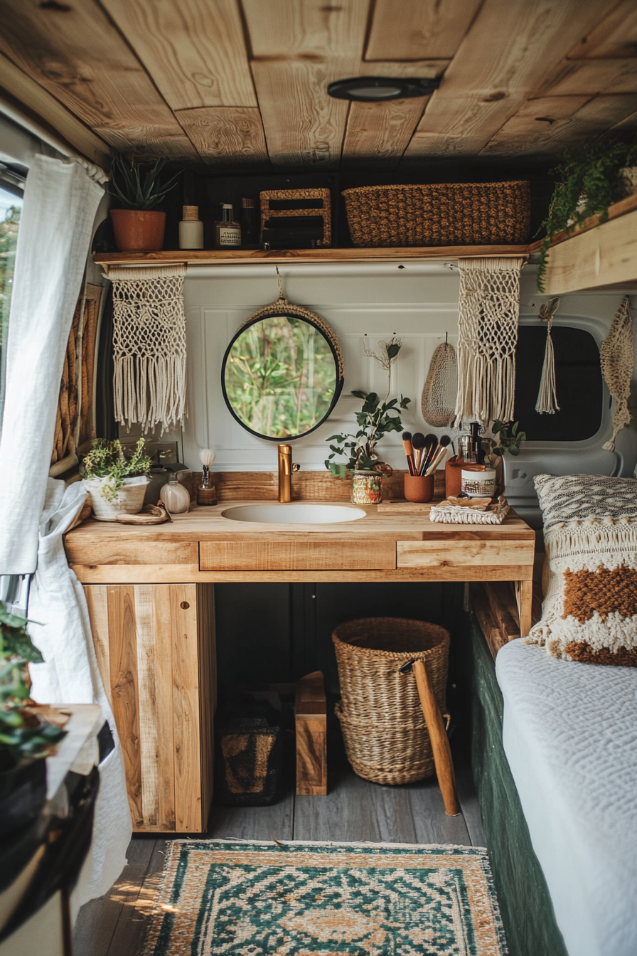 Bohemian van vanity area. Hanging macramé makeup holder, mounted ring light, tortoise-shell foldable mirror.