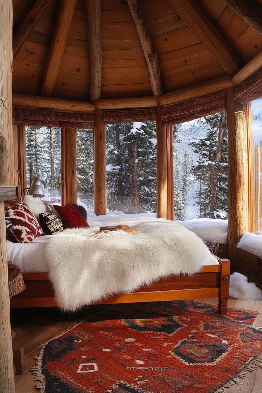 Alpine-view Yurt Bedroom. Teak rustic bed and white fur throws near bay windows.