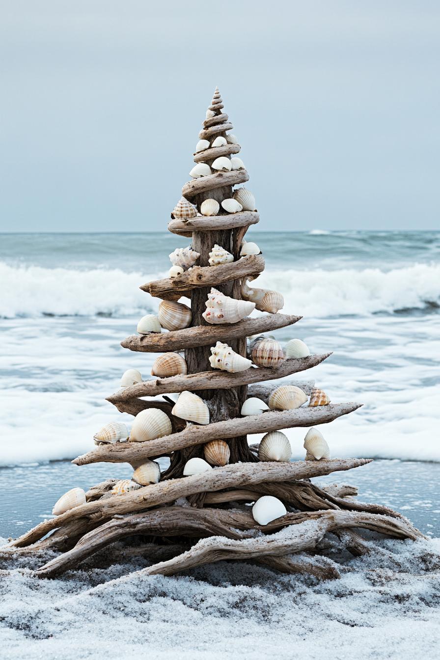 Holiday decor. Driftwood tree garnished with seashell ornaments against a backdrop of winter waves.