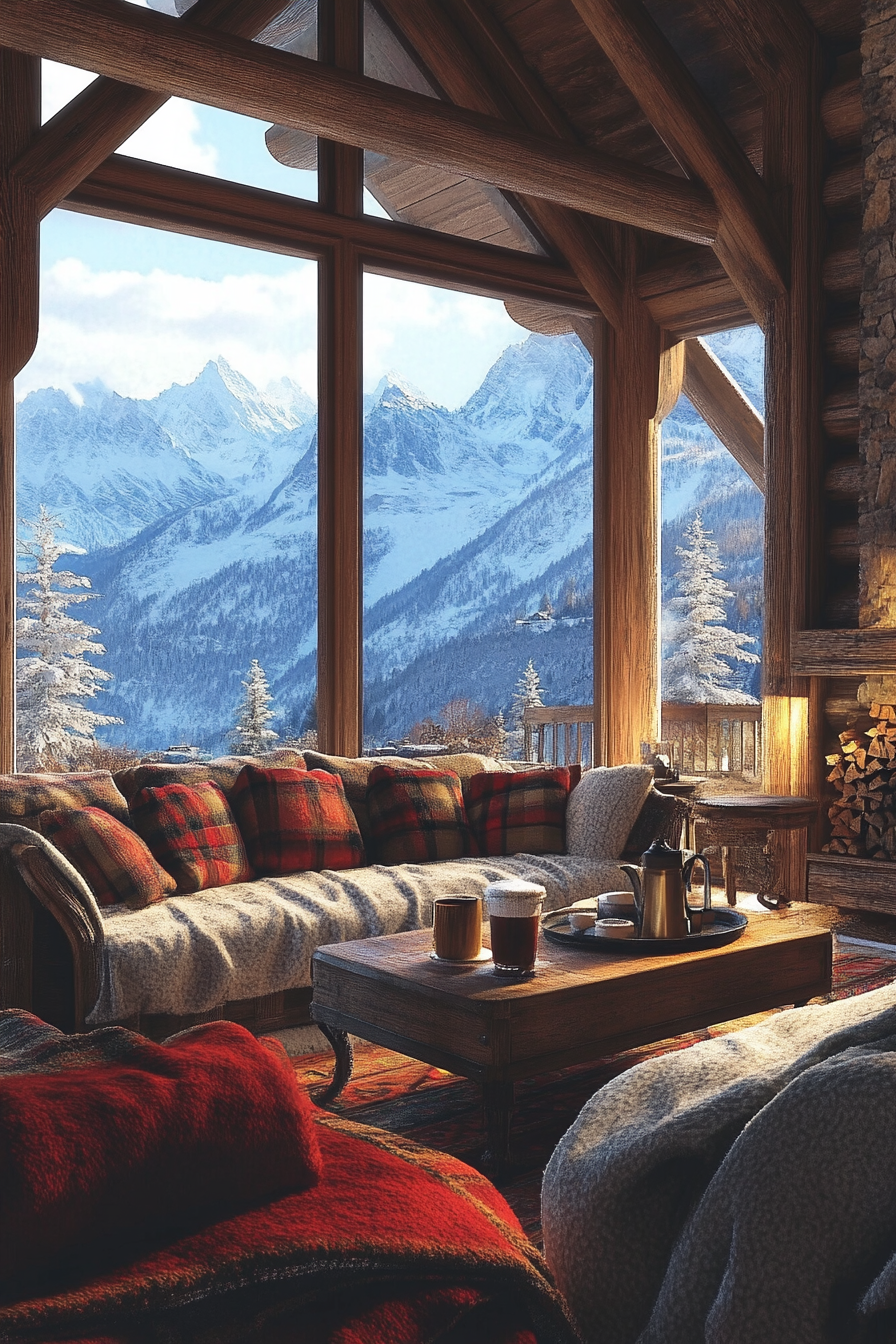 Ski lodge interior. Wool blankets, hot cocoa station, wide view to snow-capped peaks.