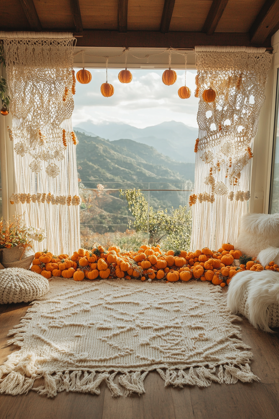 Wide angle holiday space. Macramé stockings, dried orange garlands, sunset mountain view.