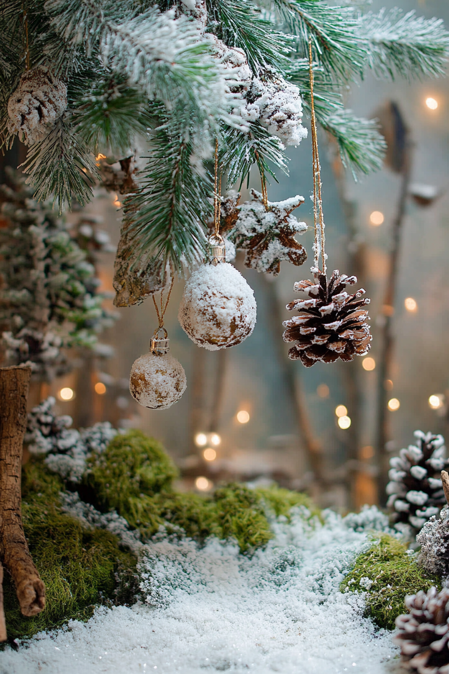 Whimsical holiday space. Snow-coated pine branches hovering over moss-covered woodland decorations.