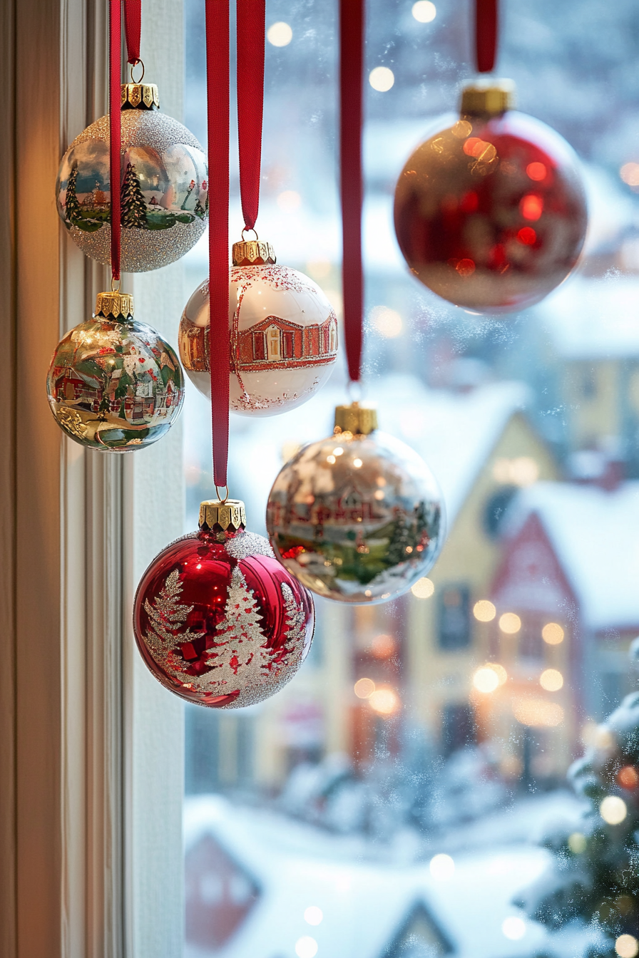 Christmas interior. Wide angle of vintage ornaments on velvet ribbons with snow-covered village view.