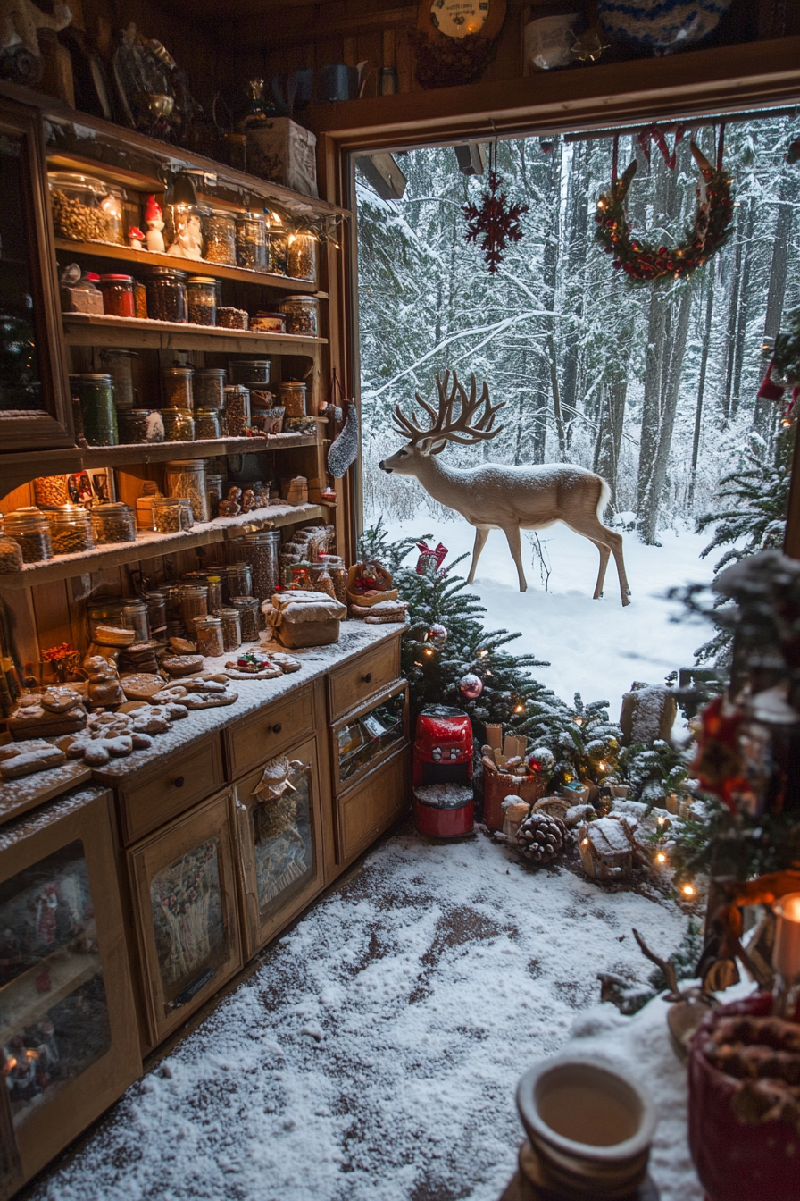 Wide angle holiday baking haven. Gingerbread cookies station, spice racks, deer grazing in snowy meadow.