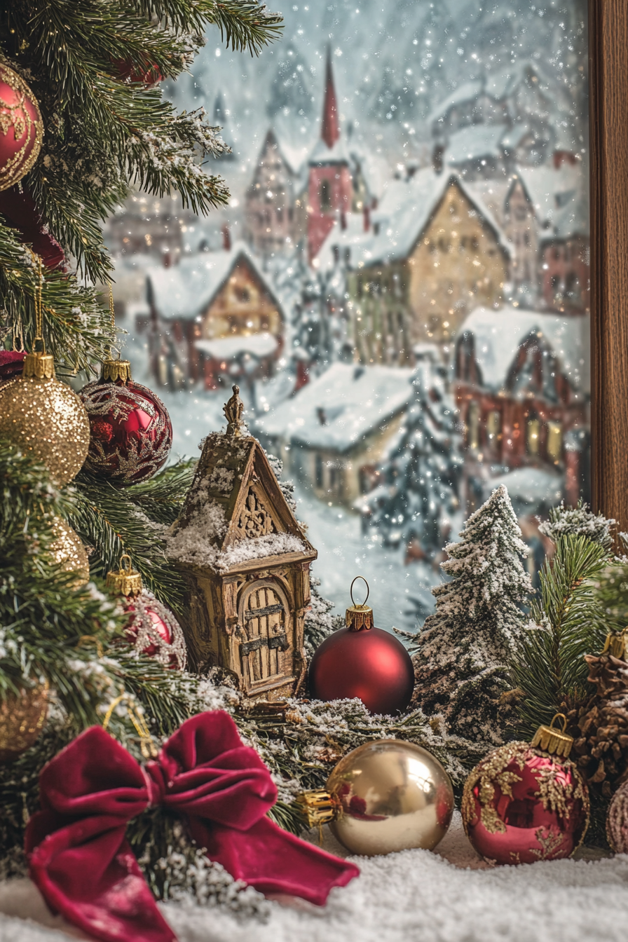 Wide angle view. Christmas interior with vintage ornaments, velvet ribbons and snow-covered village.