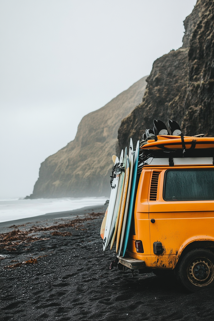 Wide angle view. Beachy van with surfboard racks on black sand beach, outdoor shower visible.