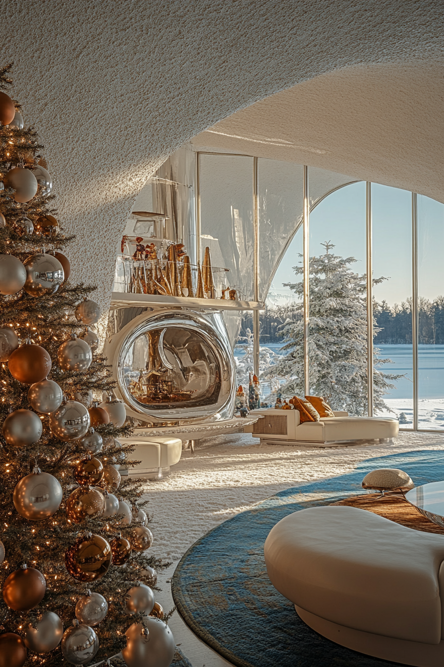 Wide angle view of holiday interior. Retro-styled ornaments, aluminum tree, frozen lakeside.