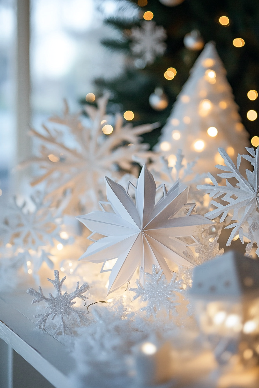 Modern Christmas decor. White lights and paper snowflakes with frost-covered valley wide-angle view.