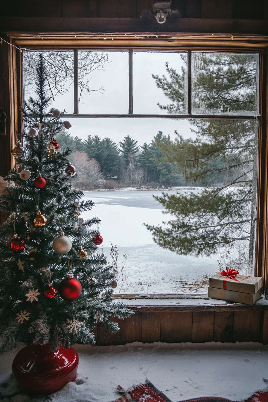 Wide angle view. Retro holiday interior, aluminum tree, classic ornaments by frozen lake.