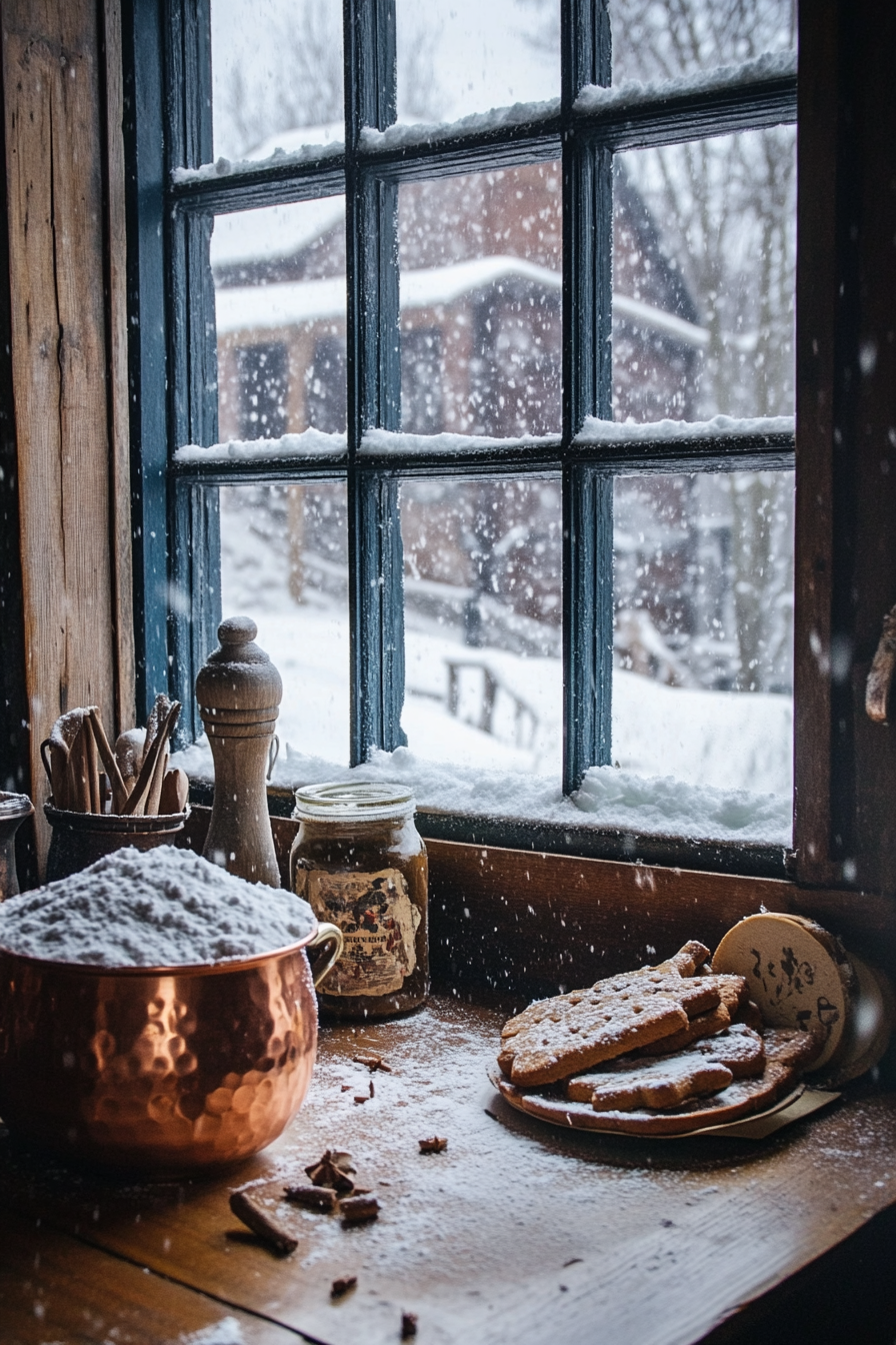 Wide-angle gingerbread-making space. Snowfall visible through window, copper pot beside cinnamon bundle.