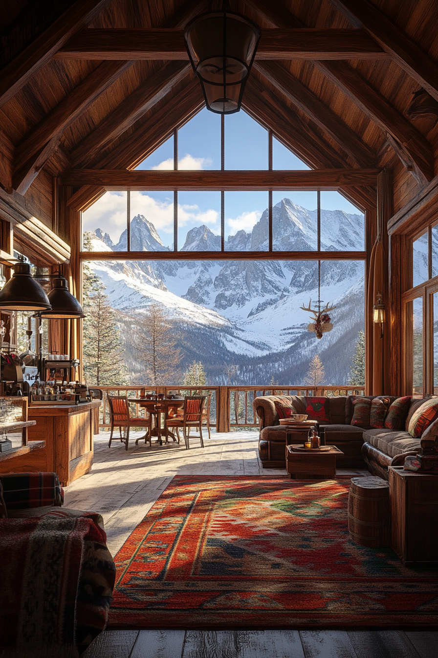 Ski lodge interior. Wool blankets, hot cocoa station, wide angle view snow-capped peaks.