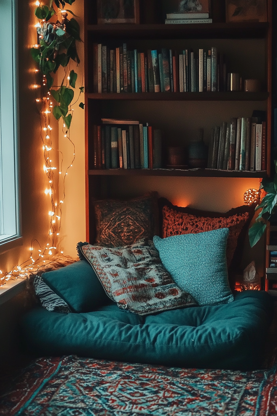 Reading corner. Southwest weave blanket, teal cushions, copper-toned fairy lights.