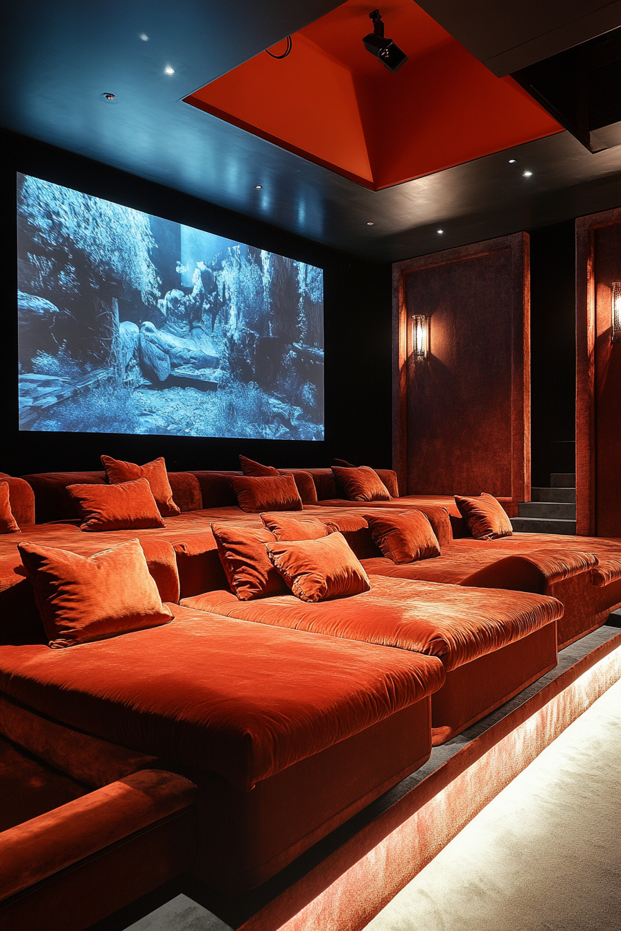 Contemporary tiny theater. Velvet tiered-seating, wall projection, surround sound.