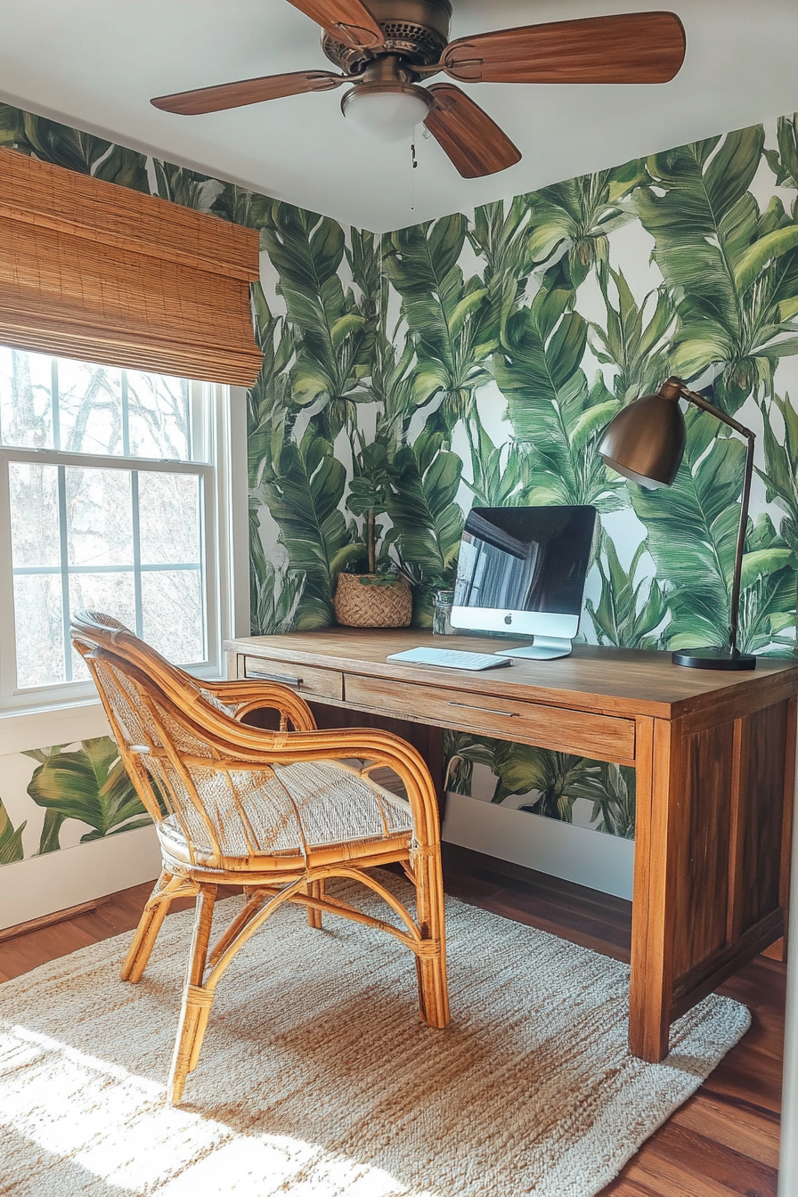 Tropical-modern tiny office. Rattan desk, monstera-leaf wallpaper, industrial-style aged bronze ceiling fan.