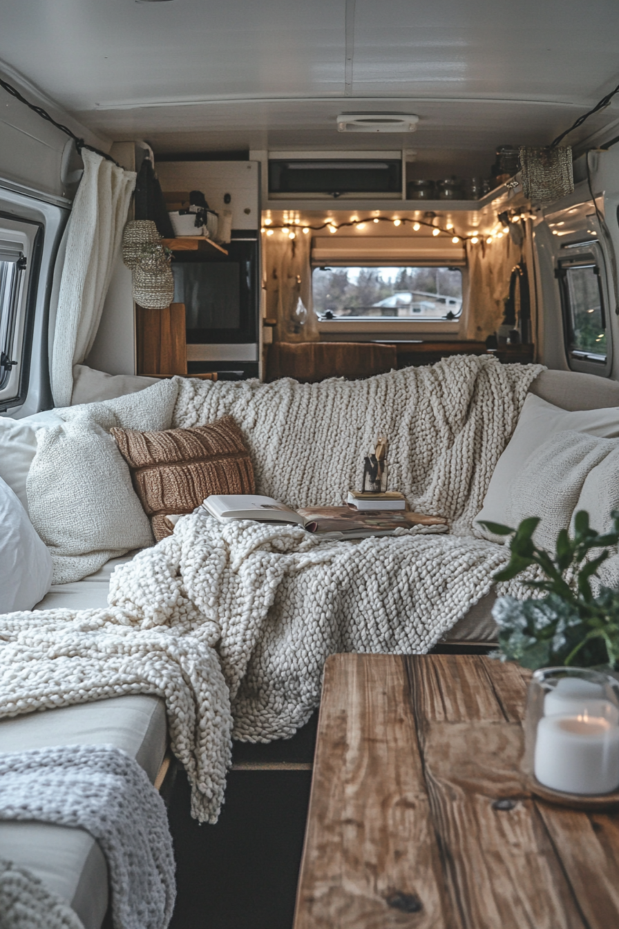 Scandinavian camper lounge. Knitted wool throws on wooden rustic coffee table under hygge lights.