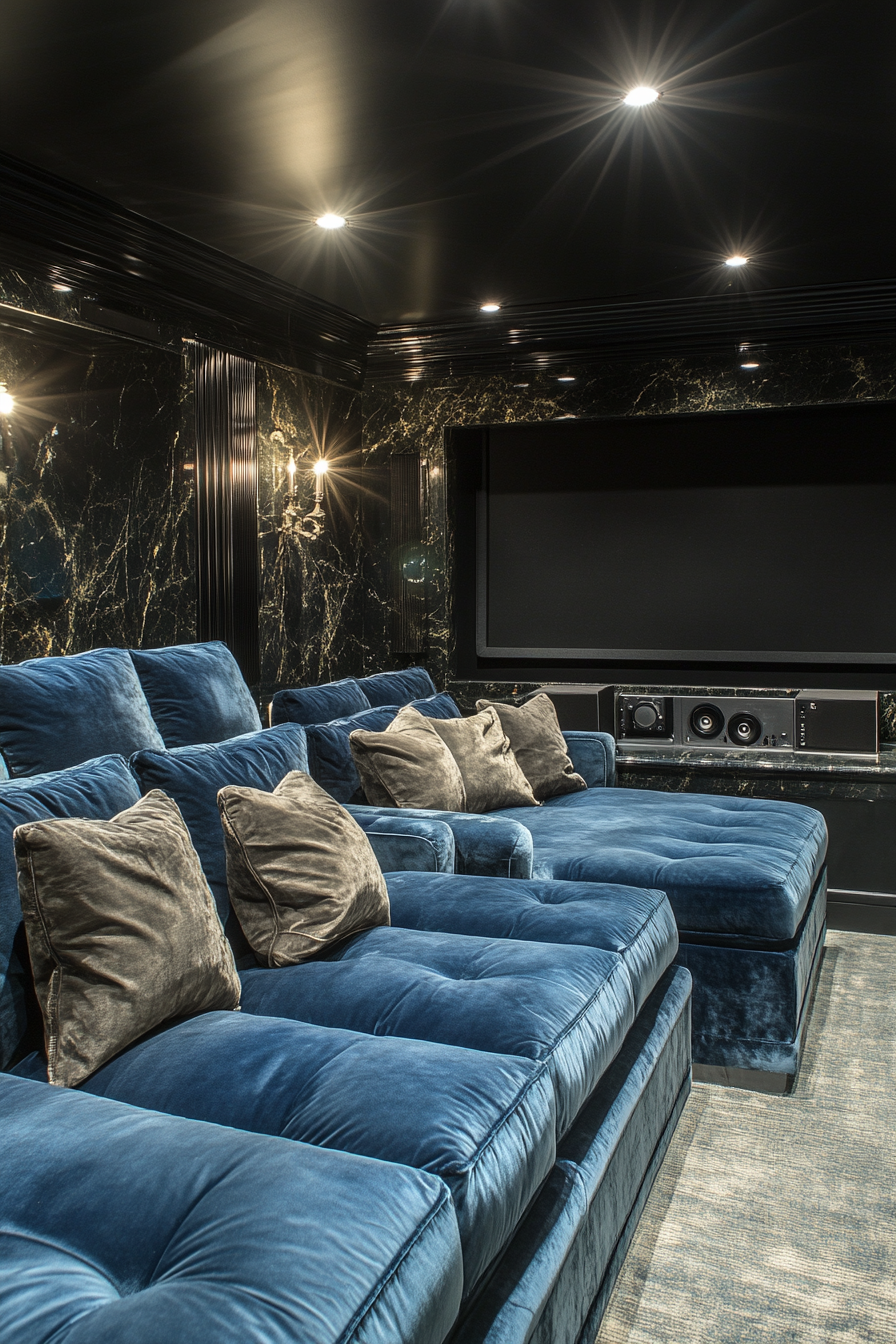 Contemporary tiny theater. Black marble wall projector, sectional blue velvet seats, silver surround sound speakers.