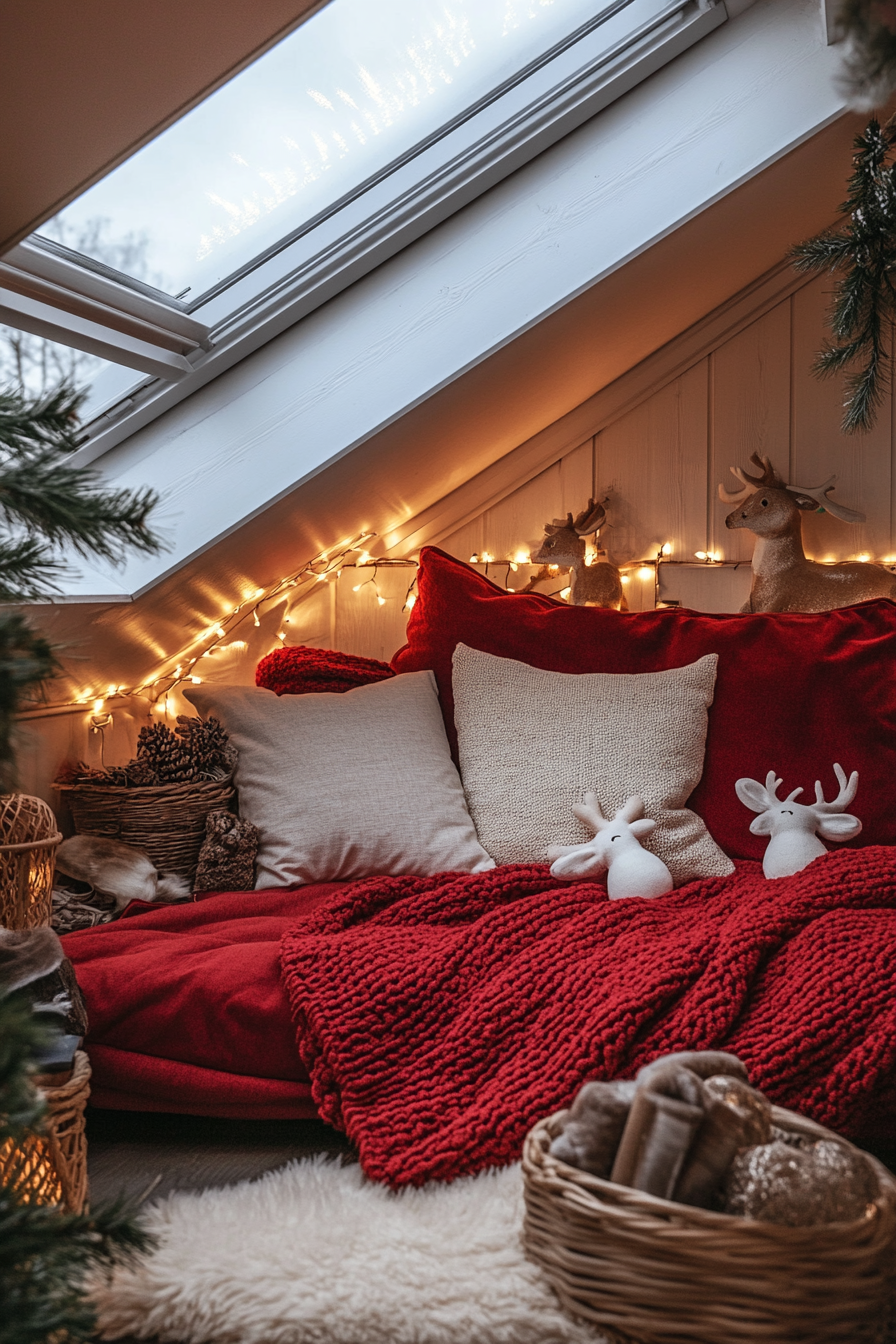 Scandinavian-inspired space. Red throw blanket, reindeer decorations, glowing northern lights viewed through a skylight.