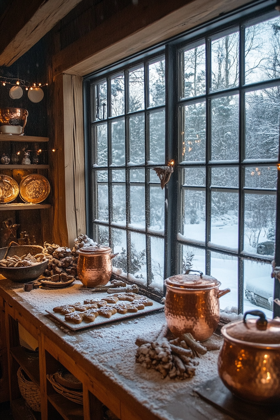 Wide angle view. Gingerbread-making space, copper pots, cinnamon bundles and snow seen through windows.