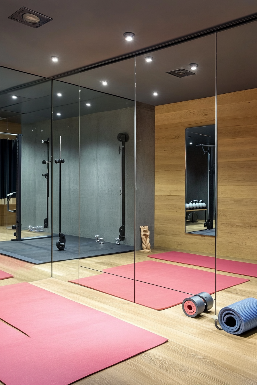 Contemporary Tiny Gym. Mirrored wall, yoga mat storage, room for meditation workout.