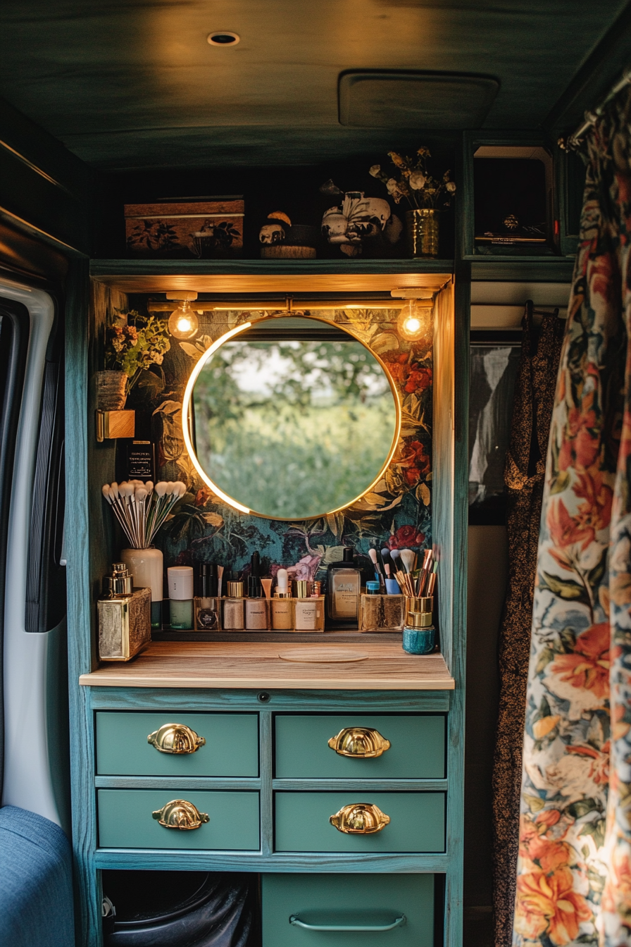 Bohemian van vanity area. Aquarelle makeup storage box, golden ring light, vibrant foldable mirror.