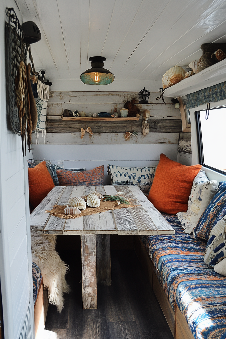 Van dining area. Coastal style, driftwood fold-out table, ocean patterned seats, assorted shell decor.