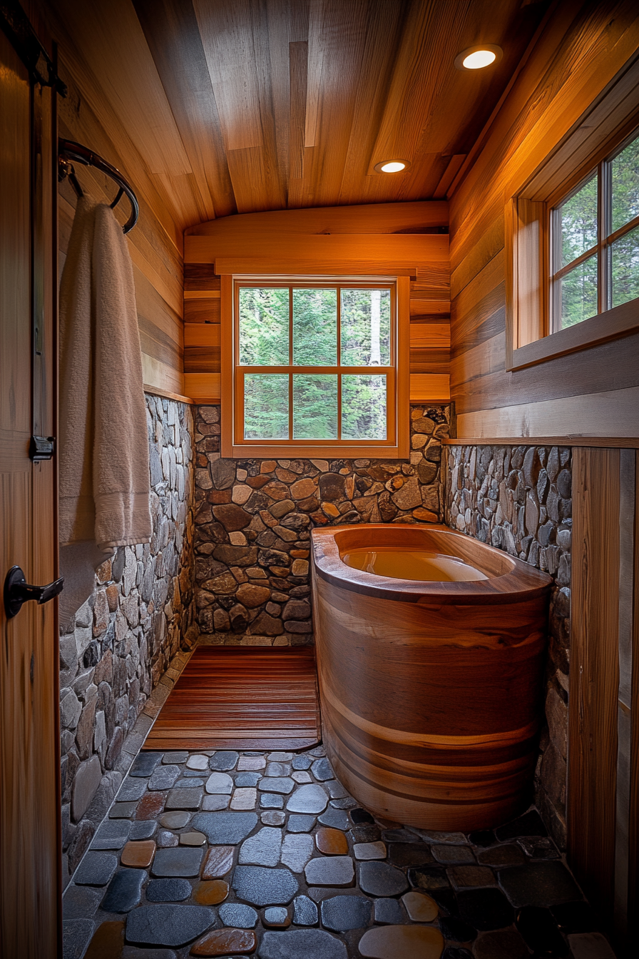 Natural tiny house bathroom. Wooden soaking tub, stone backsplash, wide angle.