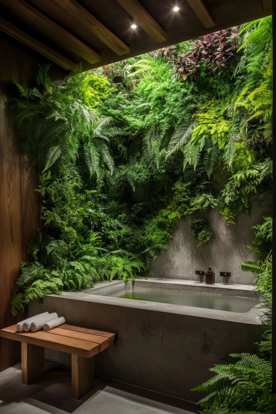 Tiny bathhouse. Japanese soaking tub under a lush fern wall, reclaimed wood meditation bench.