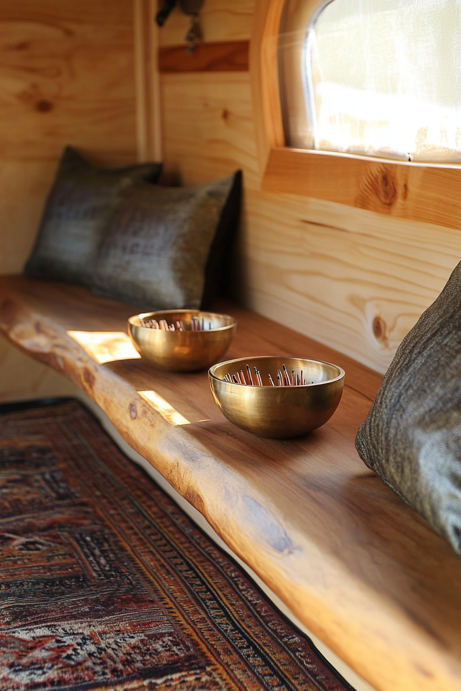 Zen-style van meditation room. Fragrant sandalwood incense holder with Tibetan singing bowls.