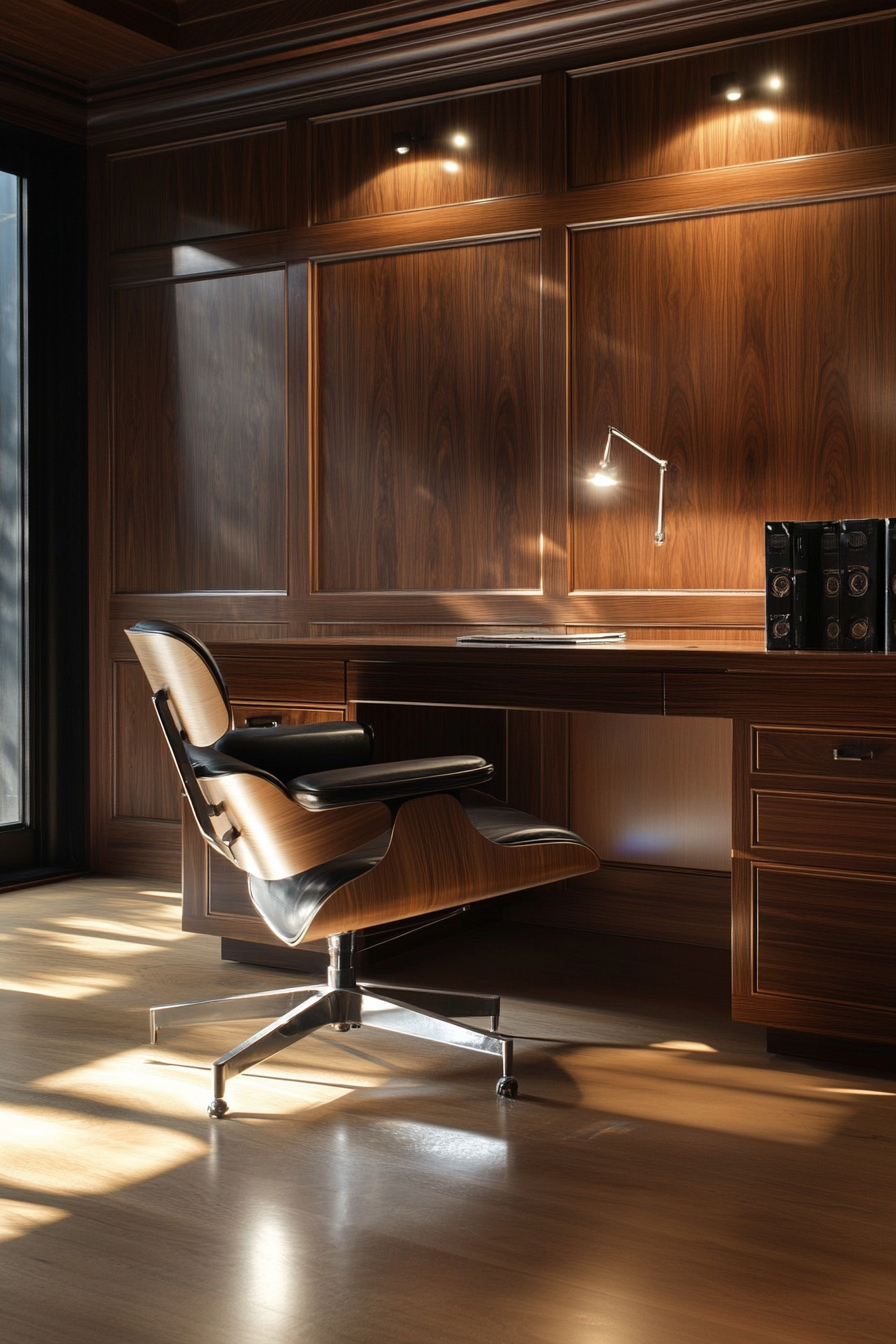 Mobile workspace. Walnut paneled wall, vintage Eames chair, spotlight shining on workspace.