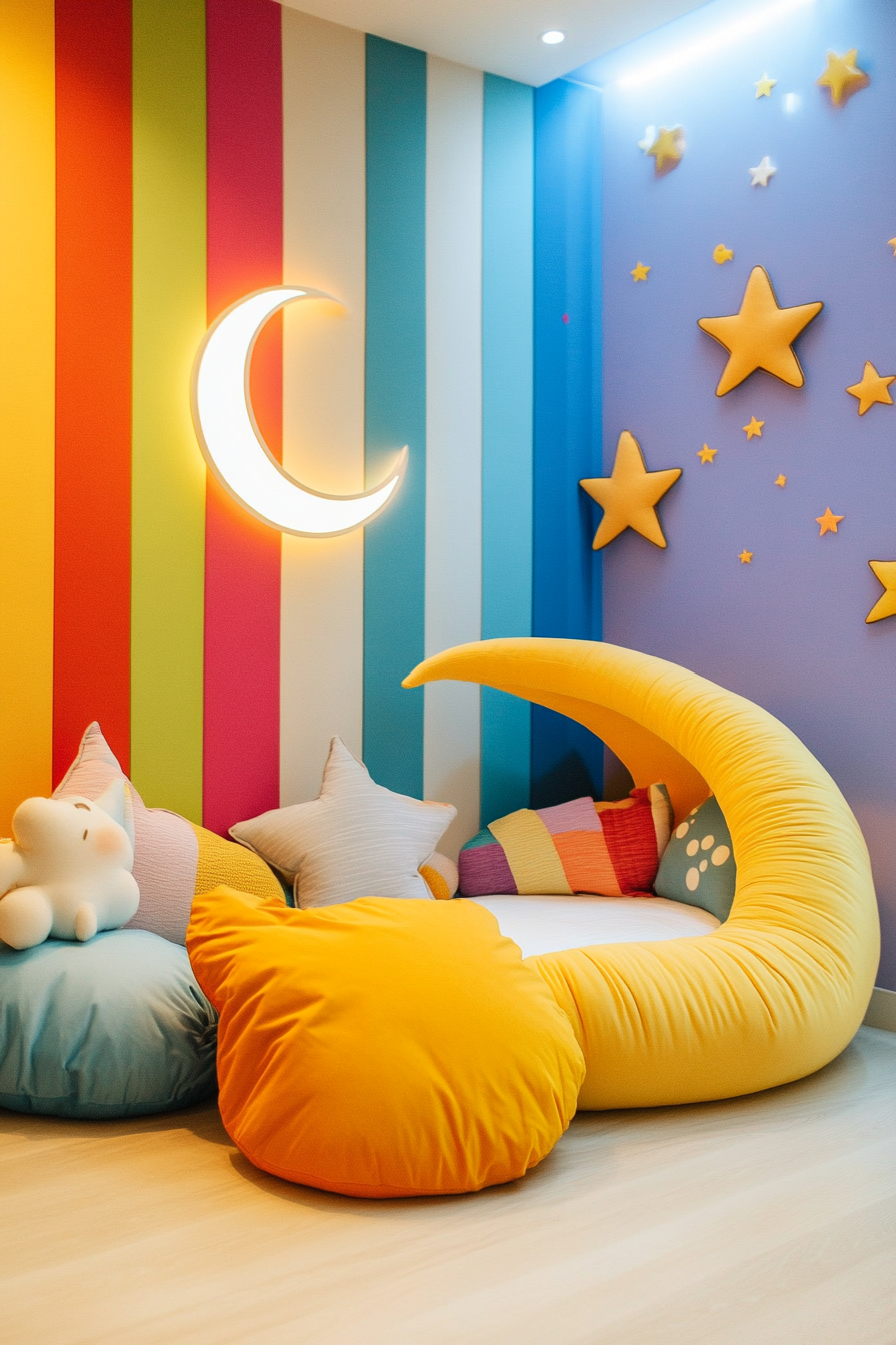 Wide angle view of baby space. Rainbow-striped wallpaper and moon-shaped cushions.