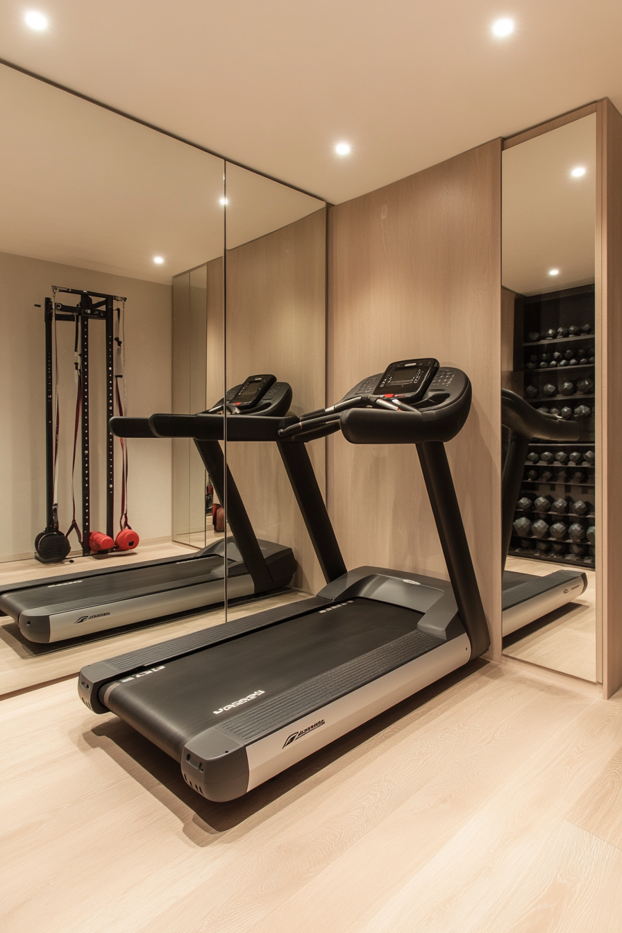 Contemporary tiny gym. Mirror wall, treadmill, storage with dumbbells, jump rope and plyo box.