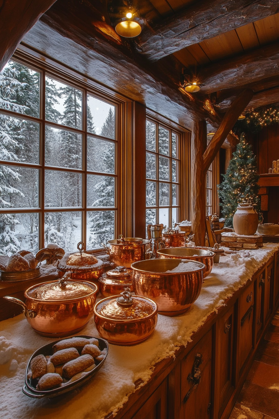 Wide angle view of gingerbread-making space. Copper pots, cinnamon bundles, snow beyond windows.