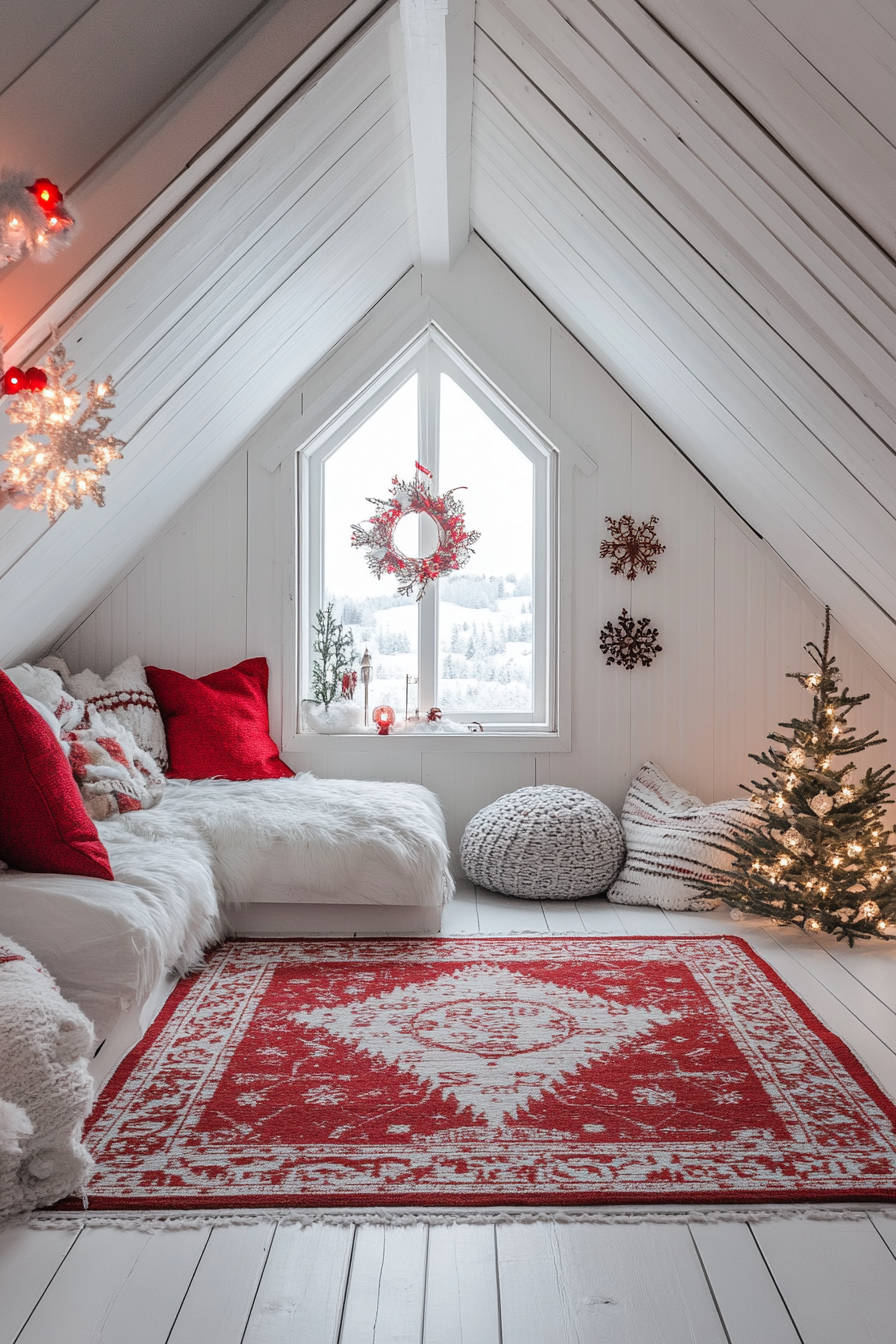 Scandinavian-inspired space. Red and white decorations with northern light view through skylight.