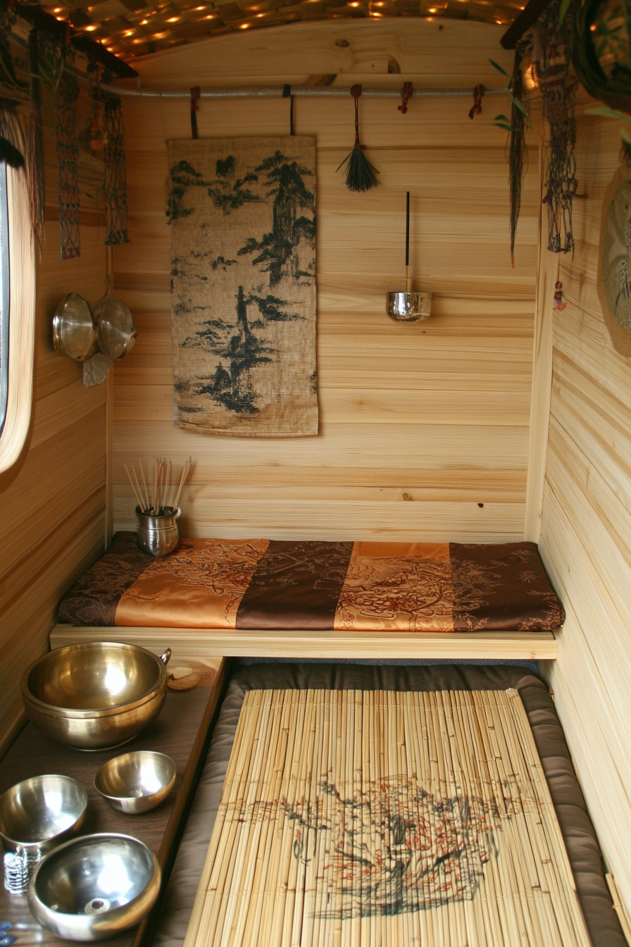 Zen-style van meditation room. Cushioned bamboo mat, intricate incense holder, silver singing bowls.