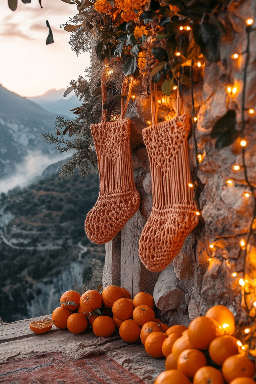 Wide angle holiday space. mountain sunset, ecletic macramé stockings, dried orange garlands.