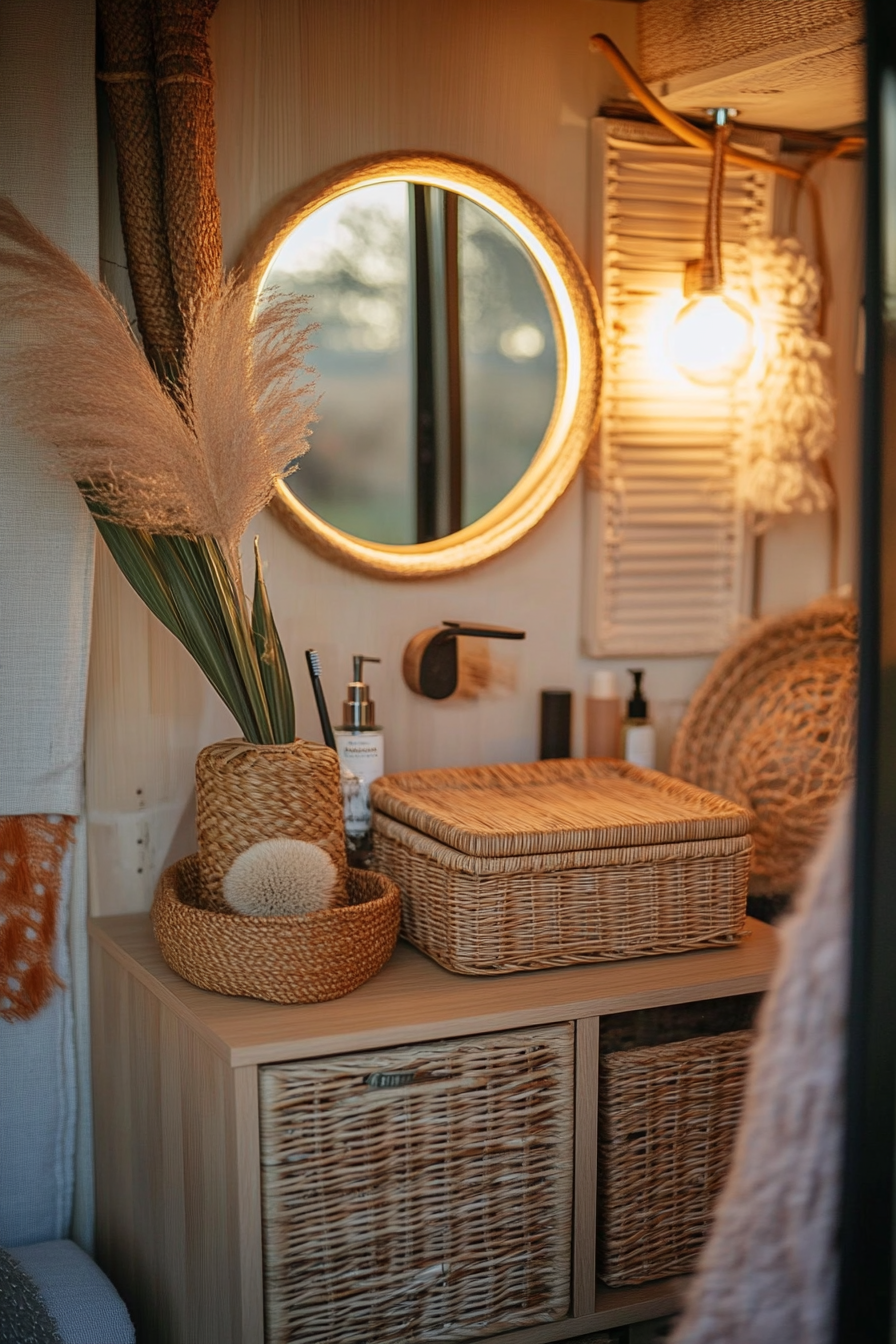 Bohemian van vanity area. Wicker storage boxes, cool-toned ring light, rattan folding mirror.