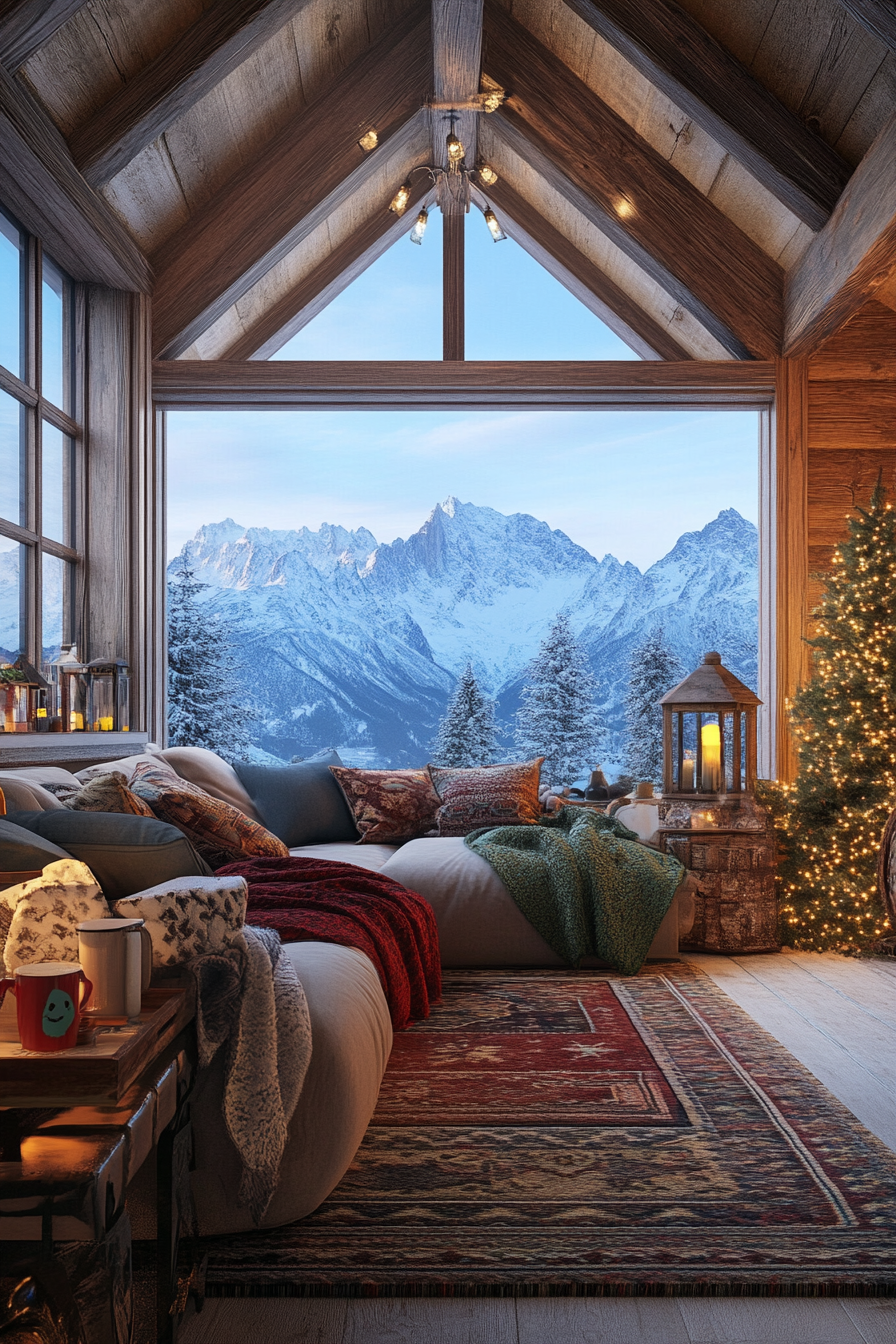 Ski lodge inspired interior. Wool blankets, hot cocoa station, wide angle snow-capped peaks view.