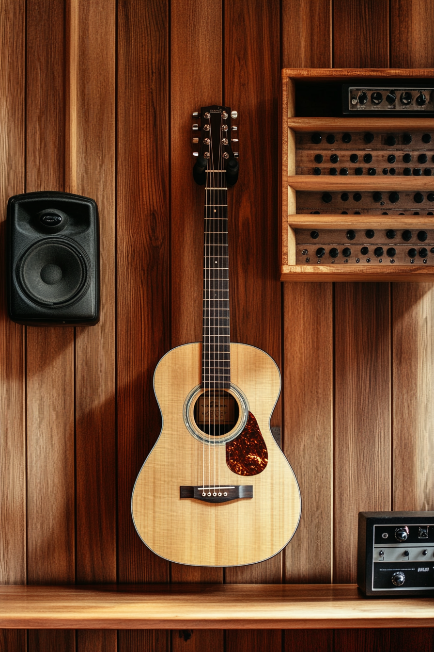 Woodland tiny music room. Mahogany wall with cedar acoustic panels and wall-mounted maple guitar.