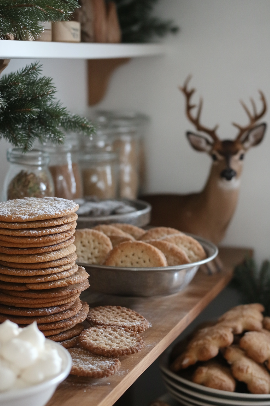 Wide-angle holiday baking view. Stacked cookie trays, rustic spice storage, deer in snow-dusted meadow.