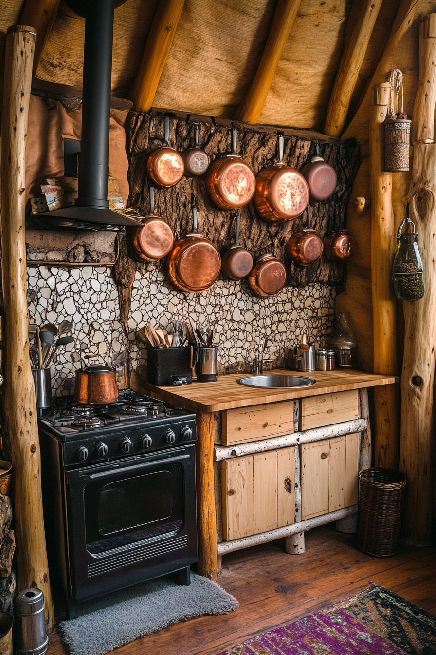 Alpine-Style Yurt Kitchen. Hanging copper pots over wood stove, and birch bark spice wall.