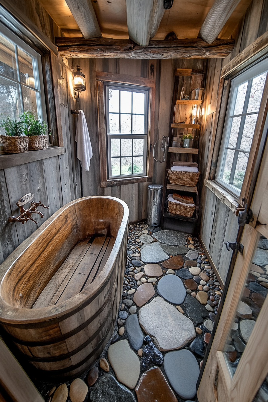 Wide angle view of tiny house bathroom. Weathered wooden tub, river stone flooring.