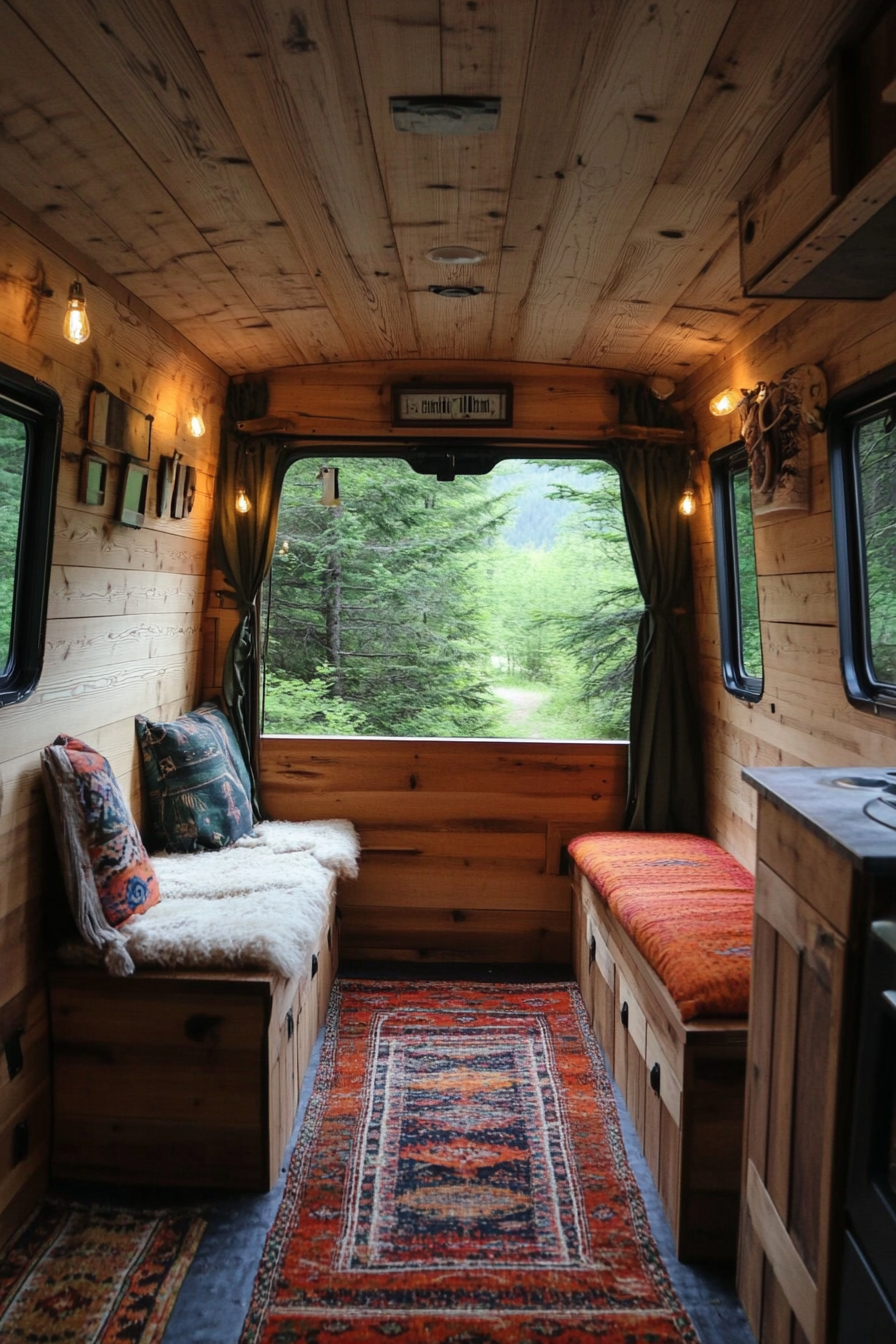 Van Lounge. Pine paneling, forest view, camp-style foldable chairs.