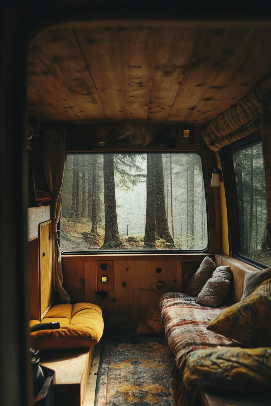 Van lounge. Pine-wood paneled interiors, forest panorama window, collapsible camp chairs.