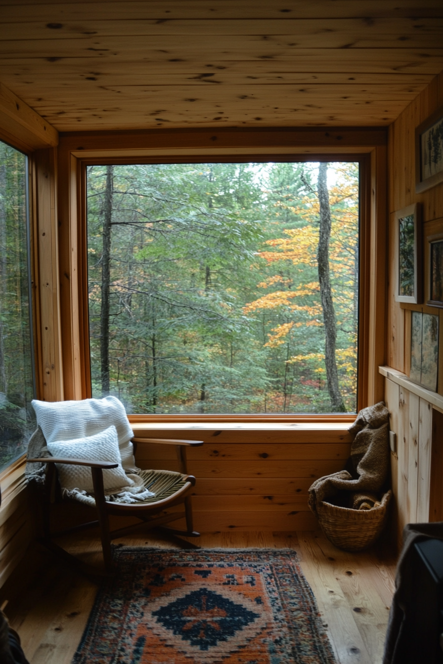 Van lounge. Pine paneling, camp chair, panorama window facing grandiose forest.