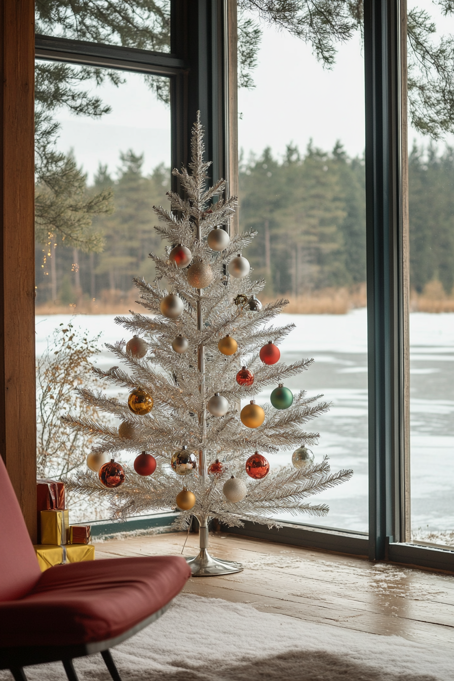 Wide angle view. Retro holiday interior, aluminum tree, classic ornaments, by a frozen lake.