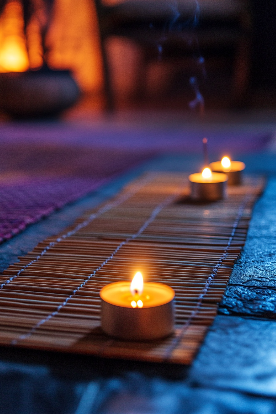 Zen-style van meditation room. Candle-lit bamboo mat with glowing incense stick.