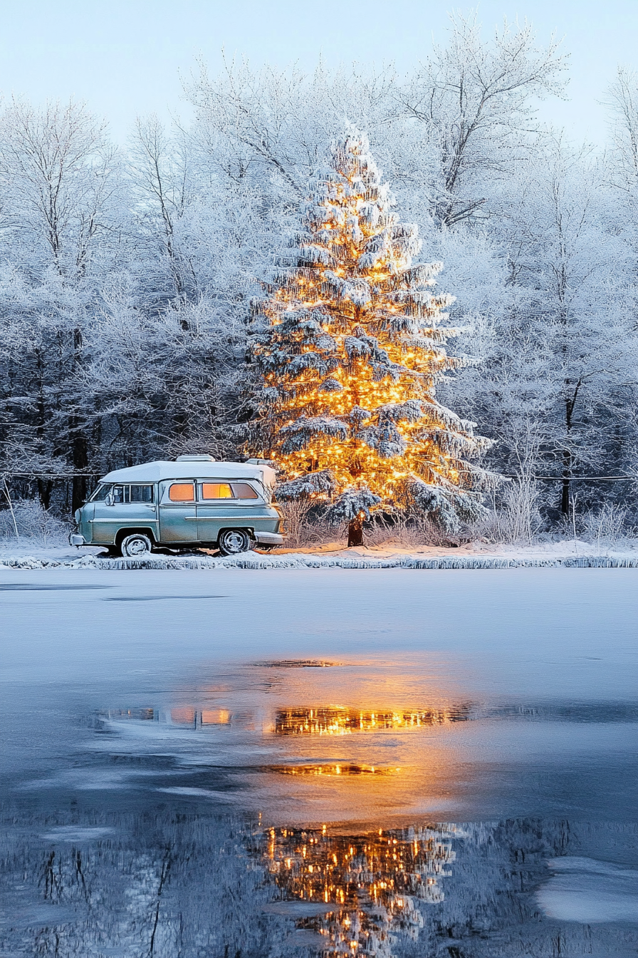 Holiday interior. Retro-style, aluminum tree beside an ice-coated camping truck on frozen lake.