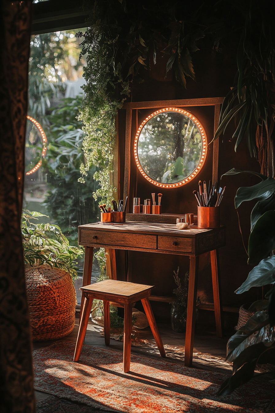 Bohemian Van Vanity. Rustic wooden makeup vanity, round ring light, vintage copper folding mirror.