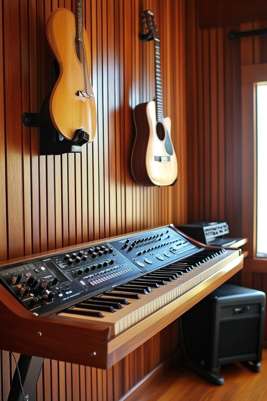 Music room. Mahogany wood wall, maple keyboard mount, wall mounted guitar.